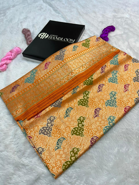This is a stunning example of Banarasi craftsmanship, specifically a Katan Silk Khimkhab Rankaat Saree.