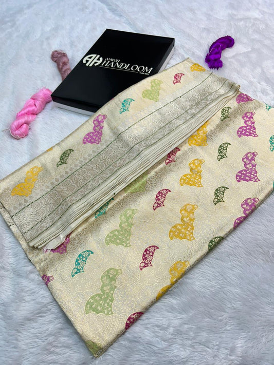 Royal Off-White Banarasi Katan Silk Rangkat Saree with Meenakari Kadua Weaving