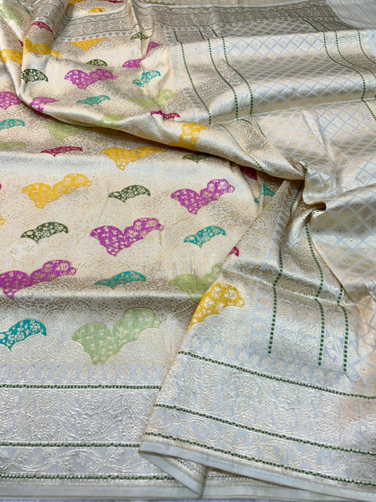 Royal Off-White Banarasi Katan Silk Rangkat Saree with Meenakari Kadua Weaving