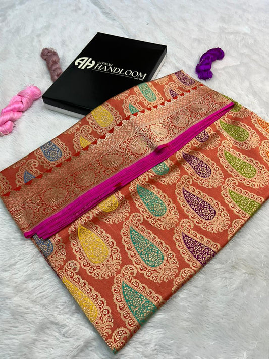 Exquisite Handloom Banarasi Pure Katan Silk Meenakari Rankat Khimkhab Saree with Traditional Kadua Weaving.