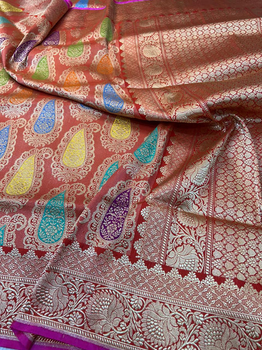 Exquisite Handloom Banarasi Pure Katan Silk Meenakari Rankat Khimkhab Saree with Traditional Kadua Weaving.
