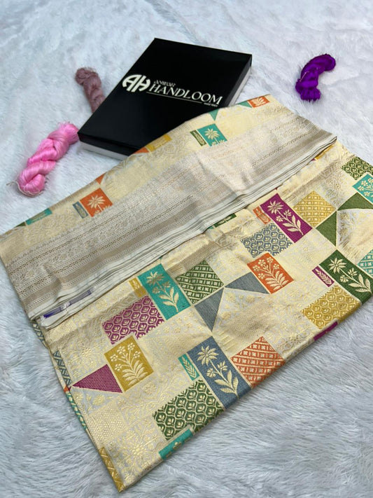 The Heritage Symphony: Handwoven Off-White Khimkhab Rangkat Banarasi Silk Saree with Kadua Meenakari Buta