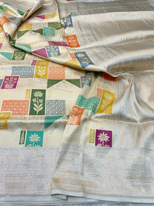The Heritage Symphony: Handwoven Off-White Khimkhab Rangkat Banarasi Silk Saree with Kadua Meenakari Buta