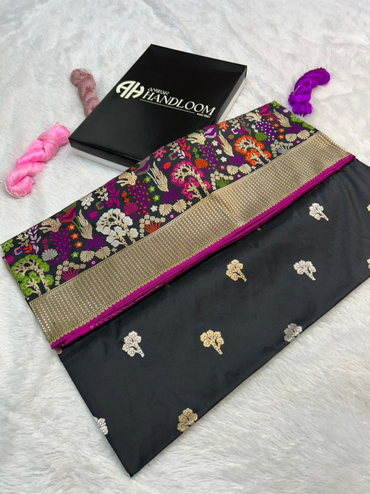 Exquisite Black Katan Silk Banarasi Saree with Kadwa Meenakari Skirt Border