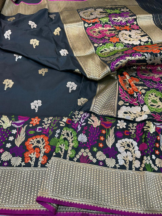 Exquisite Black Katan Silk Banarasi Saree with Kadwa Meenakari Skirt Border