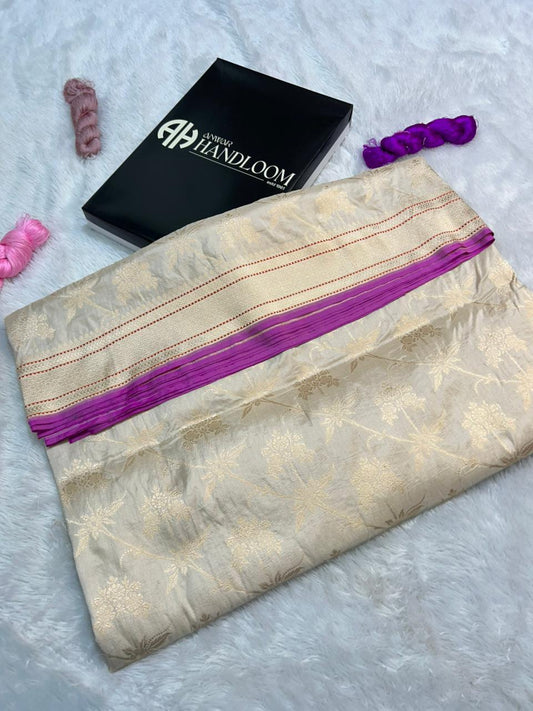 Pure Katan Silk Cutwork Handloom Saree ivory colour saree with gold zari