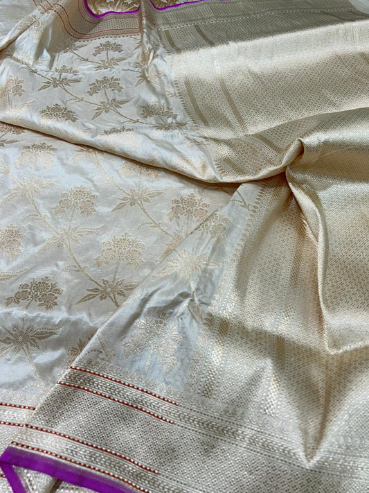 Pure Katan Silk Cutwork Handloom Saree ivory colour saree with gold zari