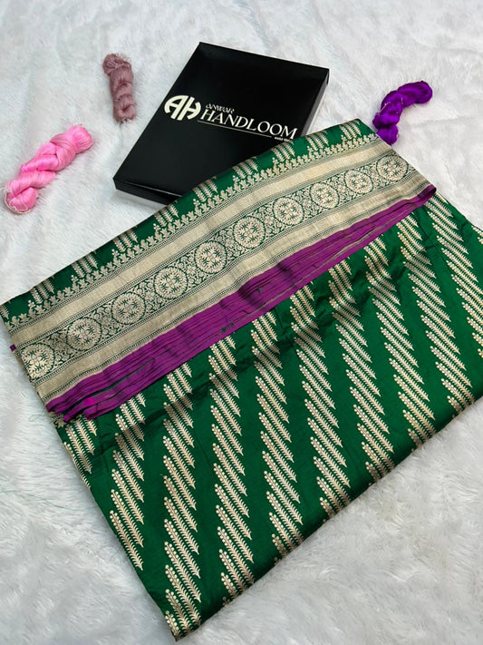 Handwoven Bottle Green Banarasi Katan Silk cutwork weaving Saree with light gold zari'