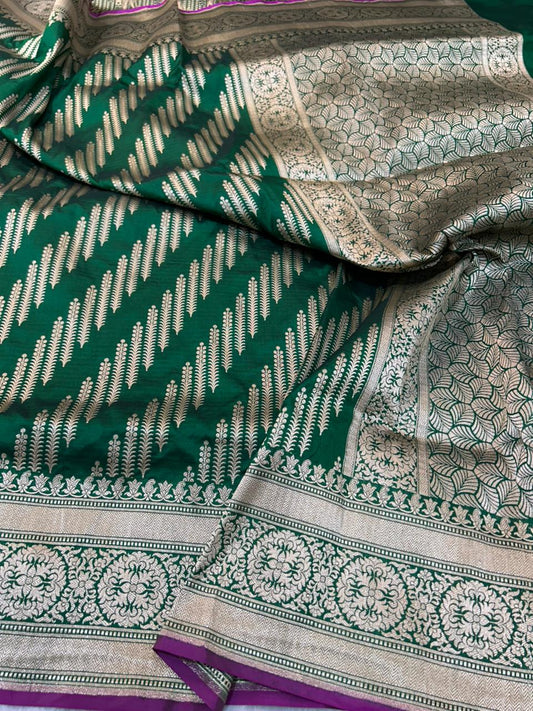 Handwoven Bottle Green Banarasi Katan Silk cutwork weaving Saree with light gold zari'