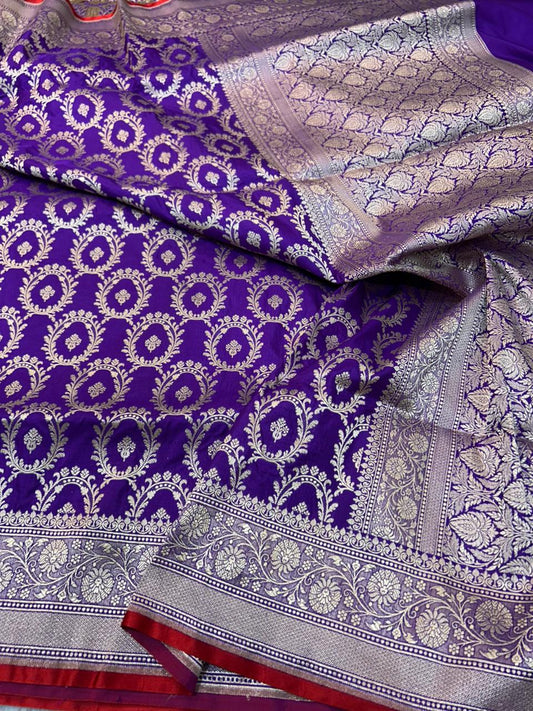 Pure Katan Silk Handloom Saree, featuring traditional Cutwork weaving saree with gold zari in deep royal purple colour
