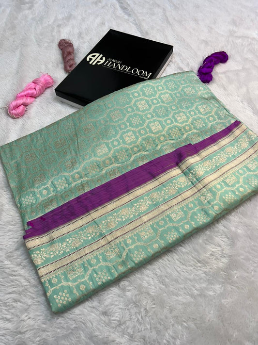 Handloom Banarasi Cutwork Silk Saree in Seafoam Green with Purple Contrasting Border with pure light gold zari