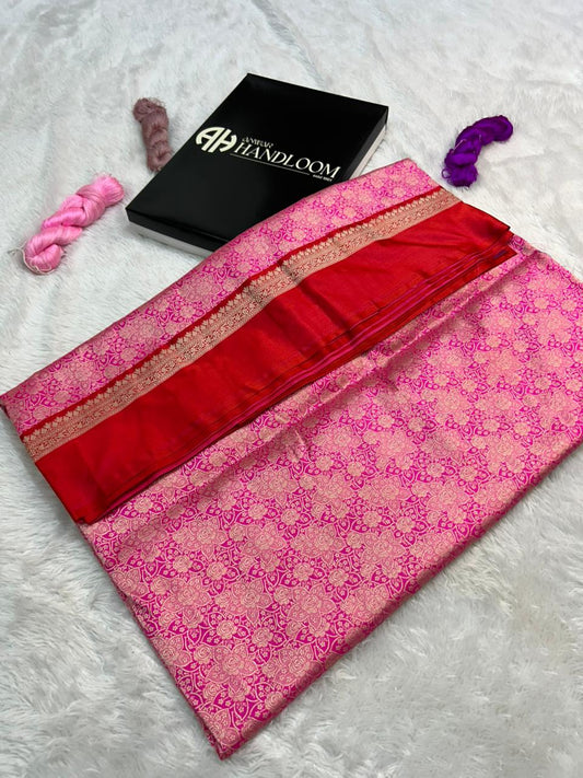 Pure Katan Silk Handloom Brocade satin border Saree candy pink body with red border and light gold zari