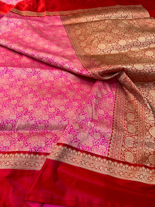 Pure Katan Silk Handloom Brocade satin border Saree candy pink body with red border and light gold zari