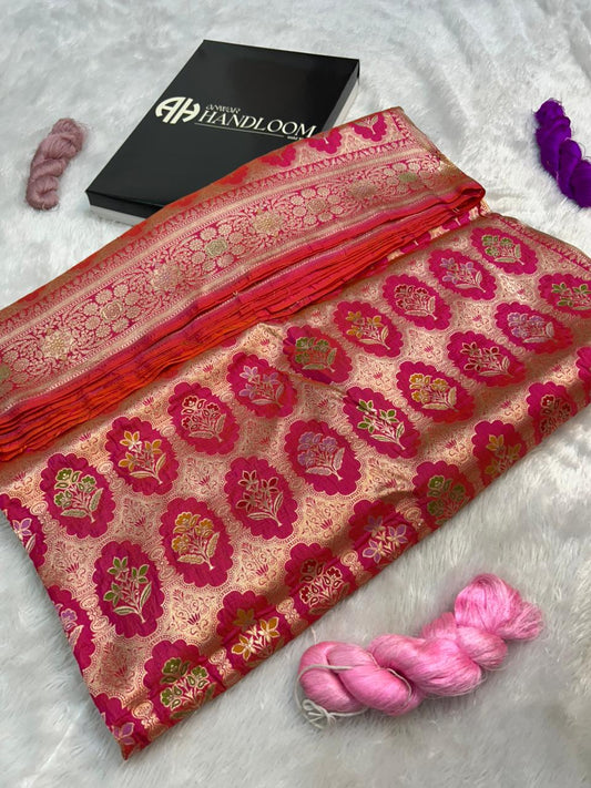 Vibrant  Oranges pink  Banarasi Katan Silk Saree with light gold  Zari Minakari Cutwork weaving traditional handloom saree