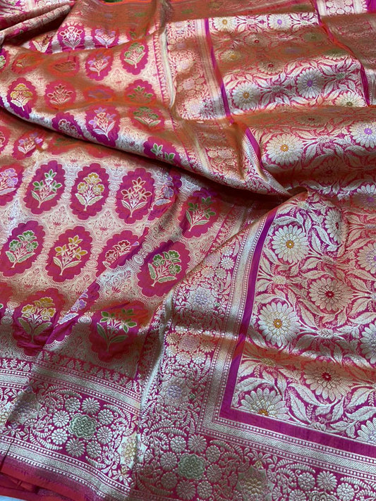 Vibrant  Oranges pink  Banarasi Katan Silk Saree with light gold  Zari Minakari Cutwork weaving traditional handloom saree