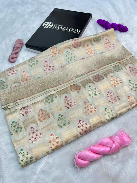 Elegance in Silk: Off-White Banarasi Minakari Cutwork Handloom Saree