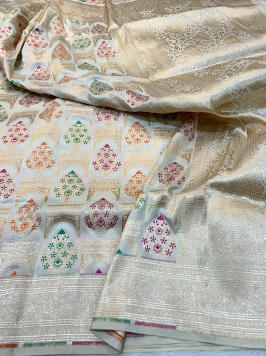 Elegance in Silk: Off-White Banarasi Minakari Cutwork Handloom Saree