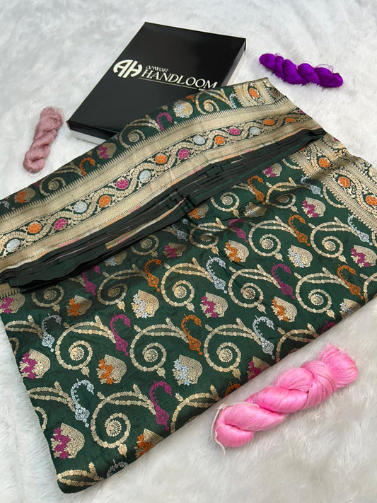 Deep bottel Green Pure Katan Silk Meenakari Banarasi Saree