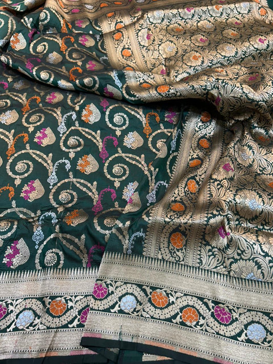 Deep bottel Green Pure Katan Silk Meenakari Banarasi Saree