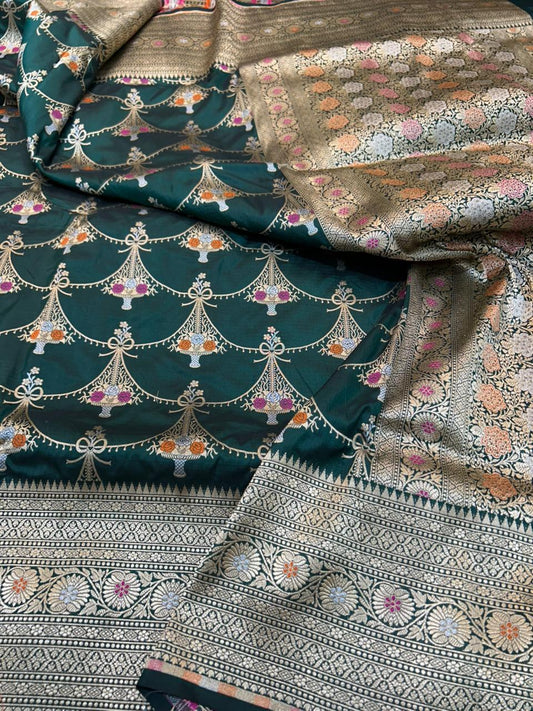 Exquisite Bottle Green Banarasi Katan Silk Saree with Intricate Gold Zari and Meenakari Floral Motifs