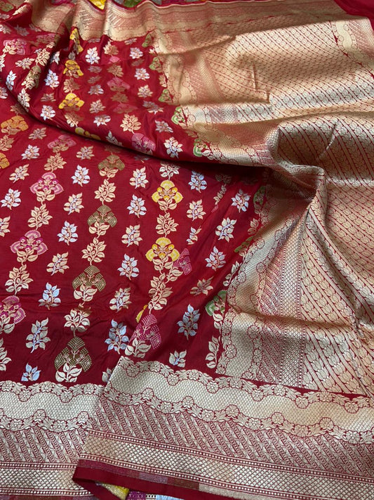 Exquisite bridal red traditional Handloom Banarasi Silk Saree with Intricate Meenakari Floral Buttas and Ornate Zari Border
