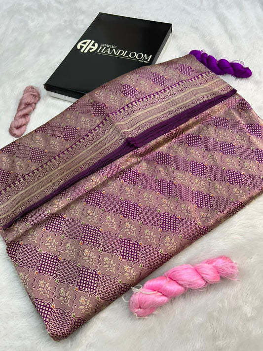 Handwoven Katan Silk Banarasi Meenakari Brocade Saree in Mauve and Purple