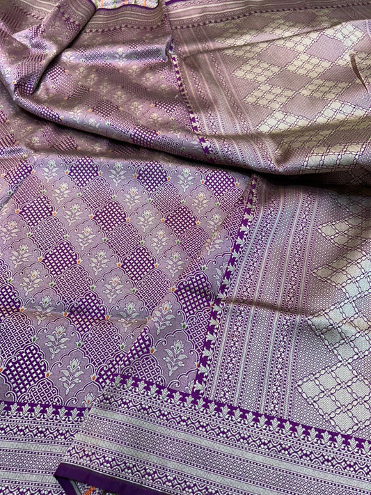 Handwoven Katan Silk Banarasi Meenakari Brocade Saree in Mauve and Purple