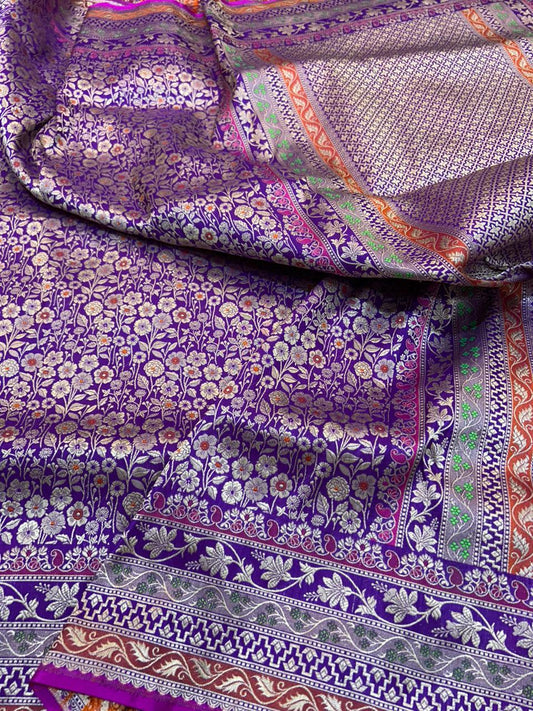 Royal Purple Banarasi Handloom Katan Silk Minakari Floral Brocade Saree