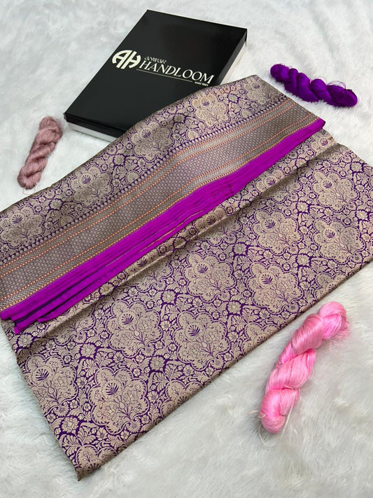 Royal Violet Banarasi Katan Silk traditional brocade banarasi Saree with All-Over light gold Zari Jaal Work