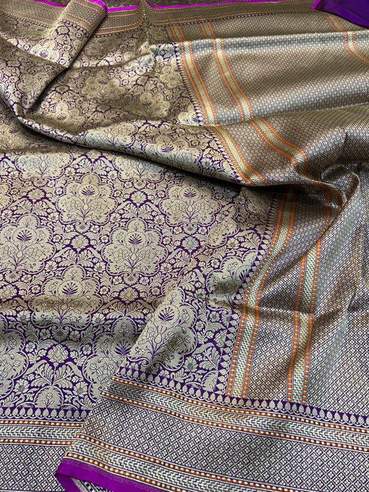 Royal Violet Banarasi Katan Silk traditional brocade banarasi Saree with All-Over light gold Zari Jaal Work