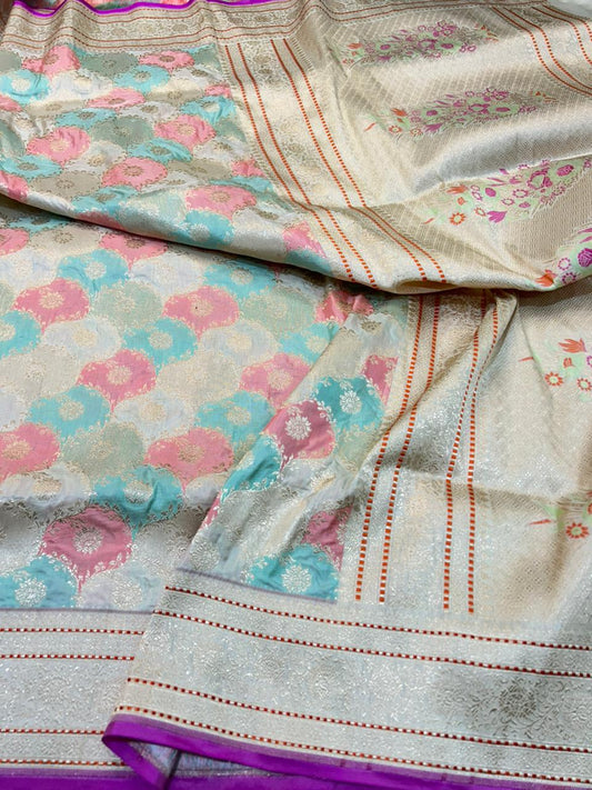 Royal Banarasi Handloom Rangkaat pure katan Silk Saree in Pastel Meenakari Weave
