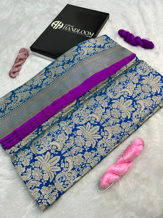 Royal Cerulean Banarasi Silk Saree with Intricate Gold Kadhwa Brocade and Magenta Accents
