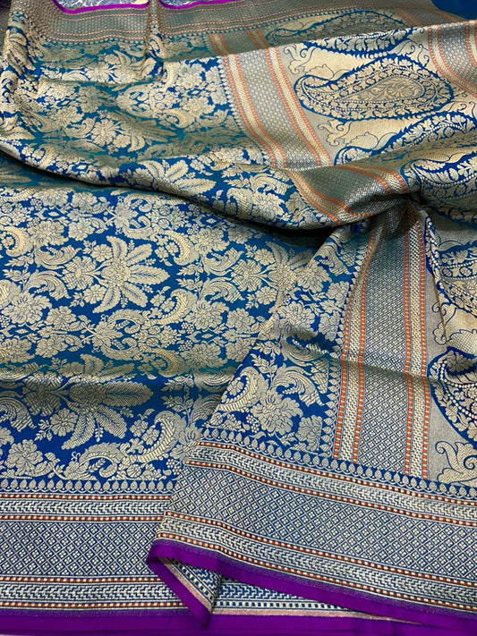 Royal Cerulean Banarasi Silk Saree with Intricate Gold Kadhwa Brocade and Magenta Accents