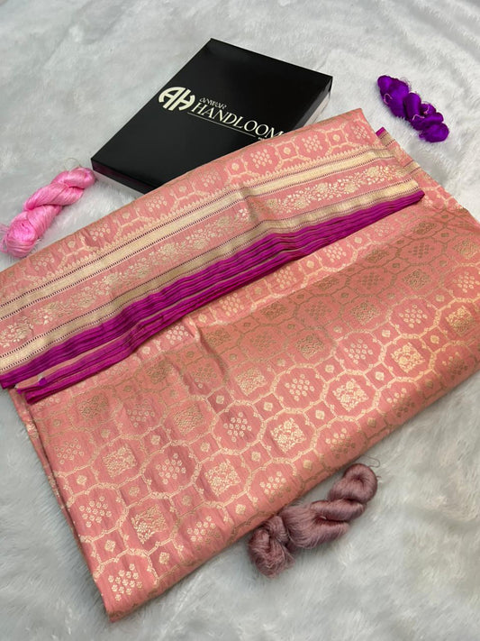 Elegant Peach Banarasi Katan Silk Saree with Antique Gold Zari Jaal and Magenta Selvedge