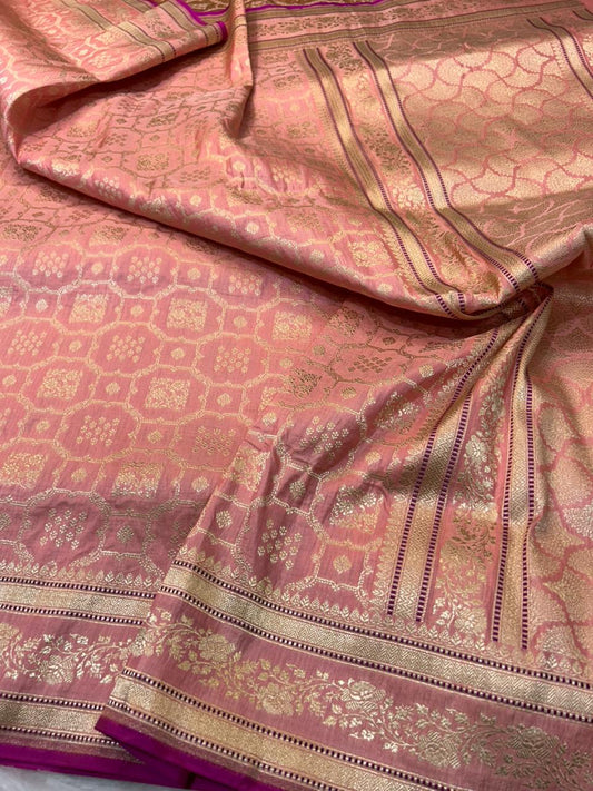 Elegant Peach Banarasi Katan Silk Saree with Antique Gold Zari Jaal and Magenta Selvedge