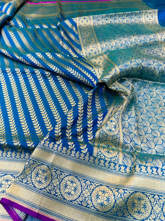 Elegant Royal cerulean Blue Handloom Banarasi Katan Silk Saree with Intricate Gold Zari Border