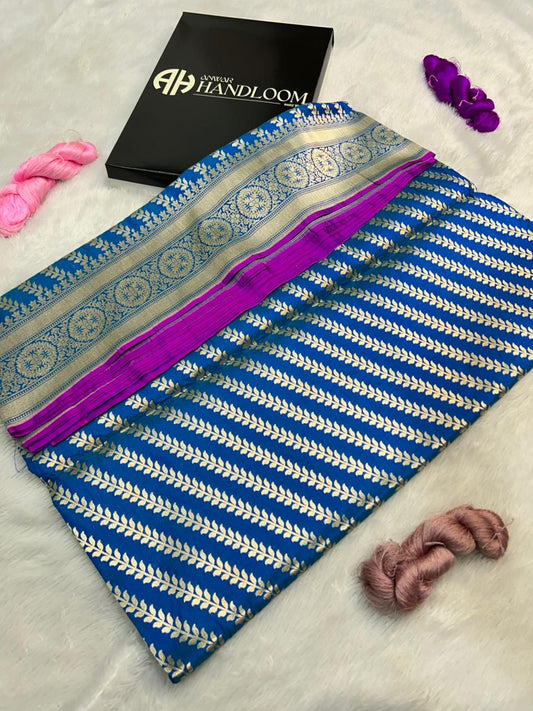 Elegant Royal cerulean Blue Handloom Banarasi Katan Silk Saree with Intricate Gold Zari Border
