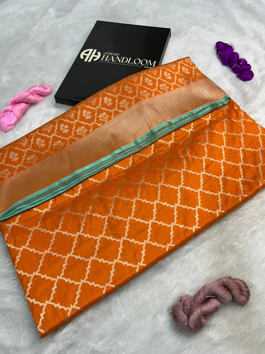 Vibrant fanta-Orange Banarasi Handloom Silk Saree with Intricate Zari Jaal & Contrast Piping