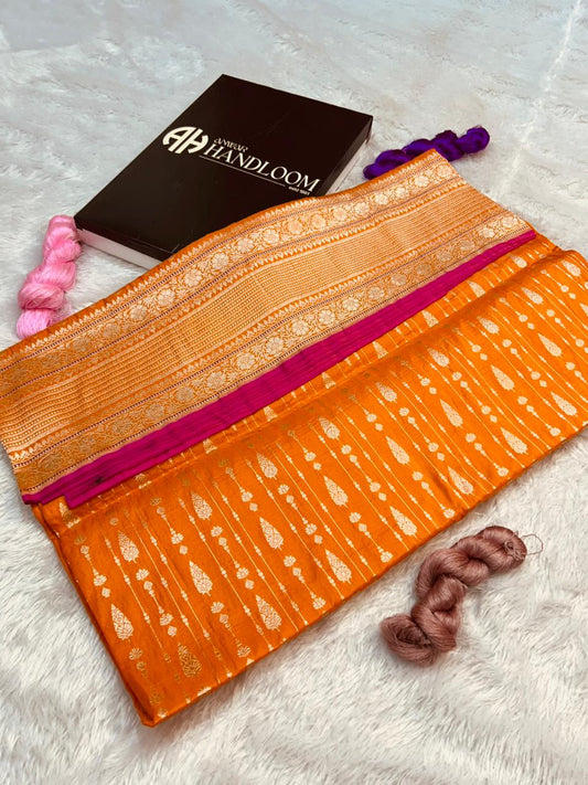 Exquisite Orange Handloom Katan Silk Banarasi Saree with Silver light gold Buta and Meenakari Accents