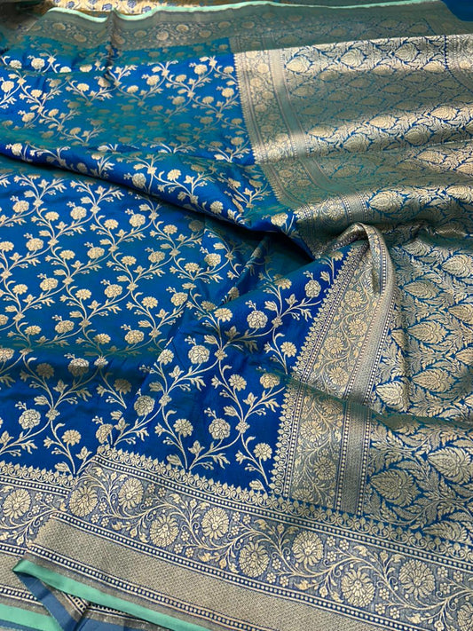 Royal cerulean Blue Handloom Katan Silk Banarasi Saree with Intricate Gold Zari Jaal