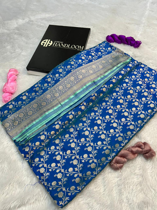 Royal cerulean Blue Handloom Katan Silk Banarasi Saree with Intricate Gold Zari Jaal