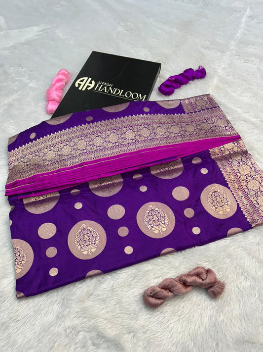 Royal Purple Banarasi Katan Silk Handloom Saree in  traditional buta desing
