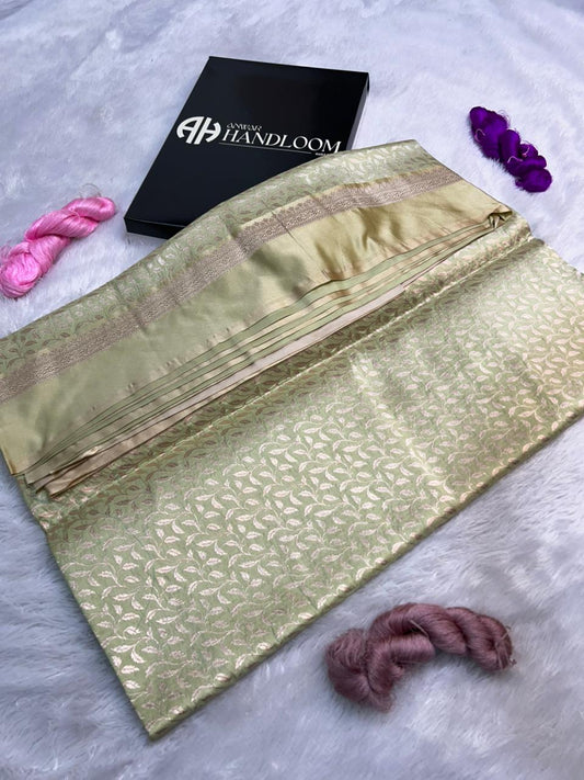 Elegant Sage Green Handloom Banarasi Katan Silk Saree with Intricate Zari Jaal and Contrast Brocade Pallu