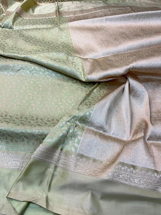 Elegant Sage Green Handloom Banarasi Katan Silk Saree with Intricate Zari Jaal and Contrast Brocade Pallu