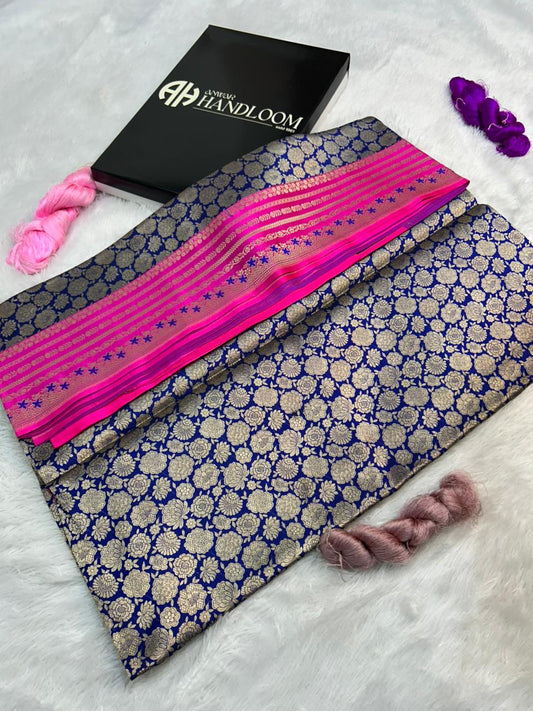 Royal Navy & Rani Pink Handwoven Banarasi Katan Silk brocade Saree