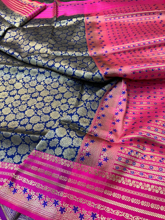 Royal Navy & Rani Pink Handwoven Banarasi Katan Silk brocade Saree
