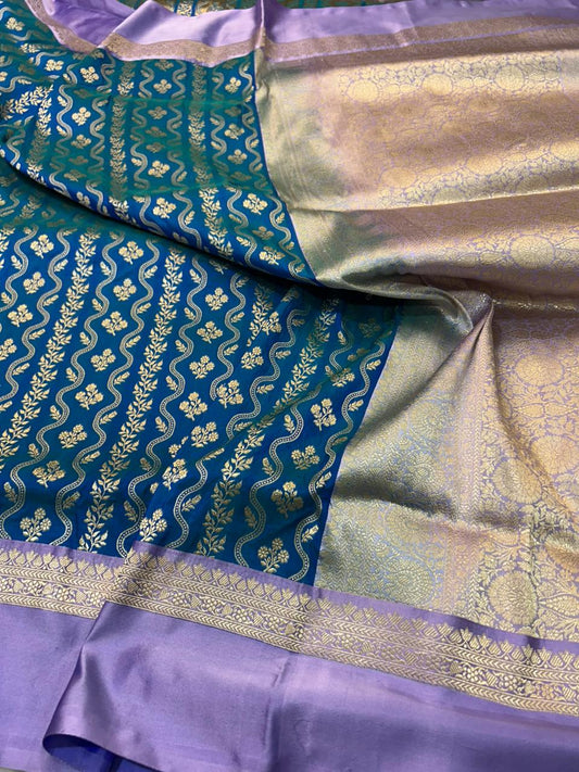 Handwoven Teal & Lavender Banarasi Katan Silk Saree with Elegant Leheriya Jaal