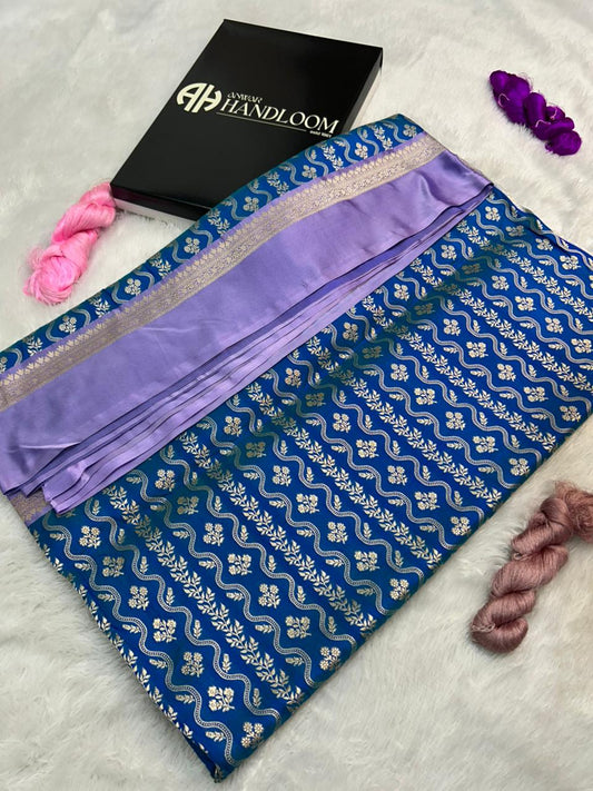 Handwoven Teal & Lavender Banarasi Katan Silk Saree with Elegant Leheriya Jaal