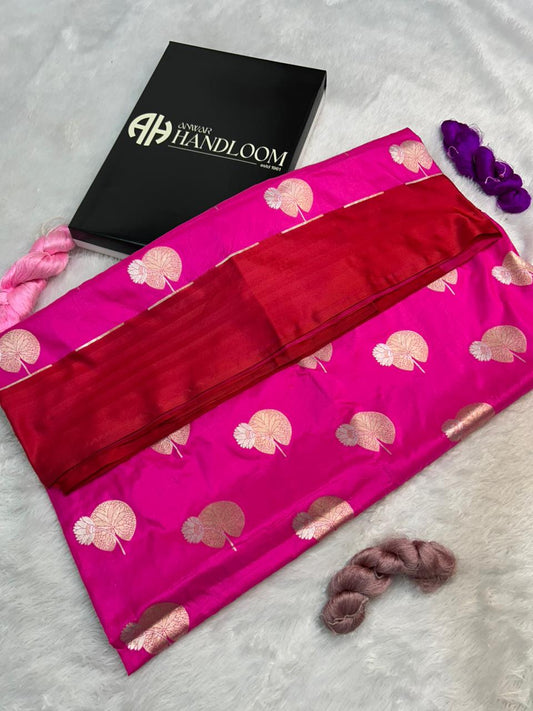 Handloom Rani Pink Katan Silk Banarasi Saree with Gold and silver [sona&ropa] Buta & Red Border