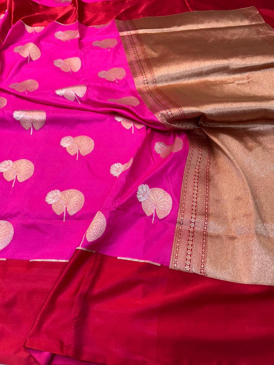 Handloom Rani Pink Katan Silk Banarasi Saree with Gold and silver [sona&ropa] Buta & Red Border